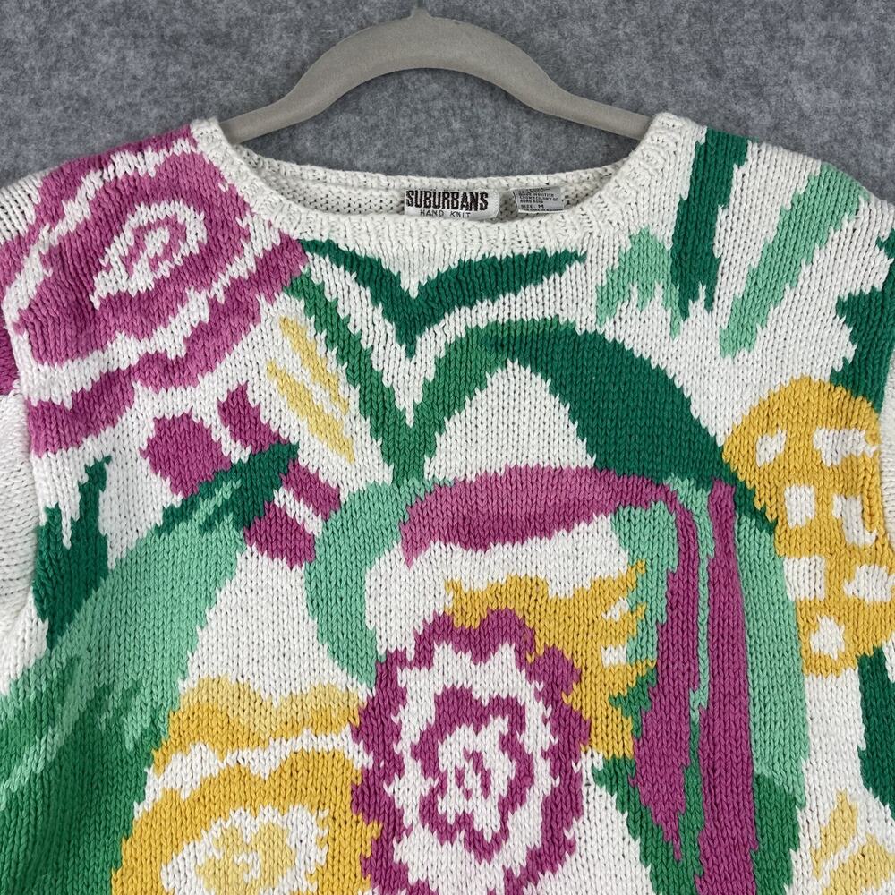 Vintage Country Suburbans Sweater Womens Medium Floral Linen Cotton Granny 80s - Picture 2 of 12